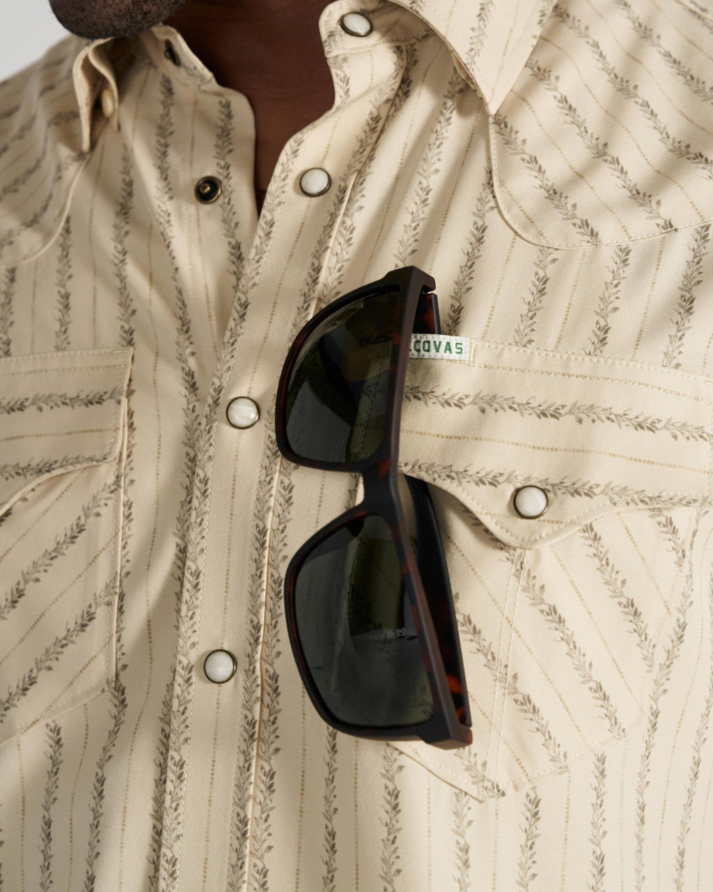 Closeup detail view of Men's Performance Western Pearl Snap - Sandstone/Multi