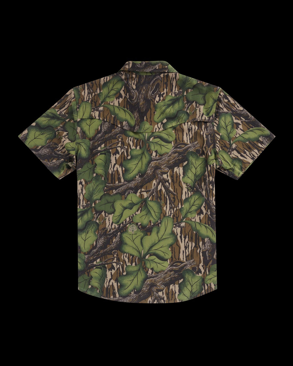 Closeup detail view of Men's Tecovas x Mossy Oak Performance Western Short Sleeve - Full Foliage