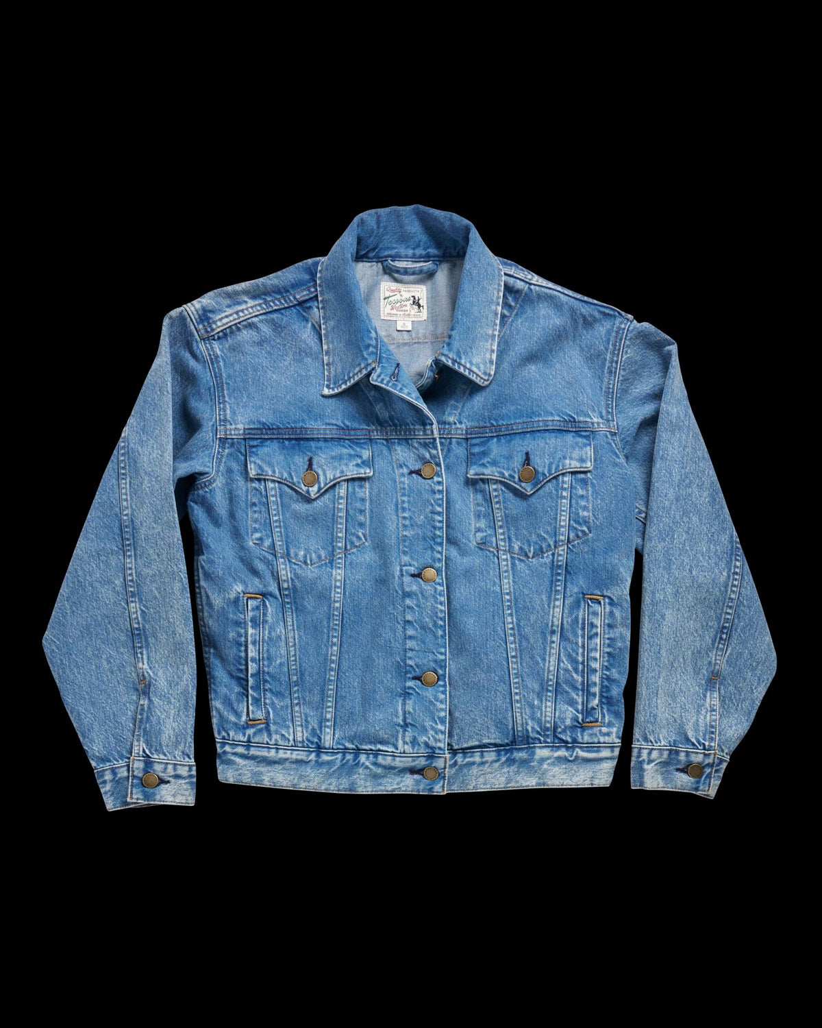 Front view of Women's Denim Trucker Jacket - Medium Wash on plain background