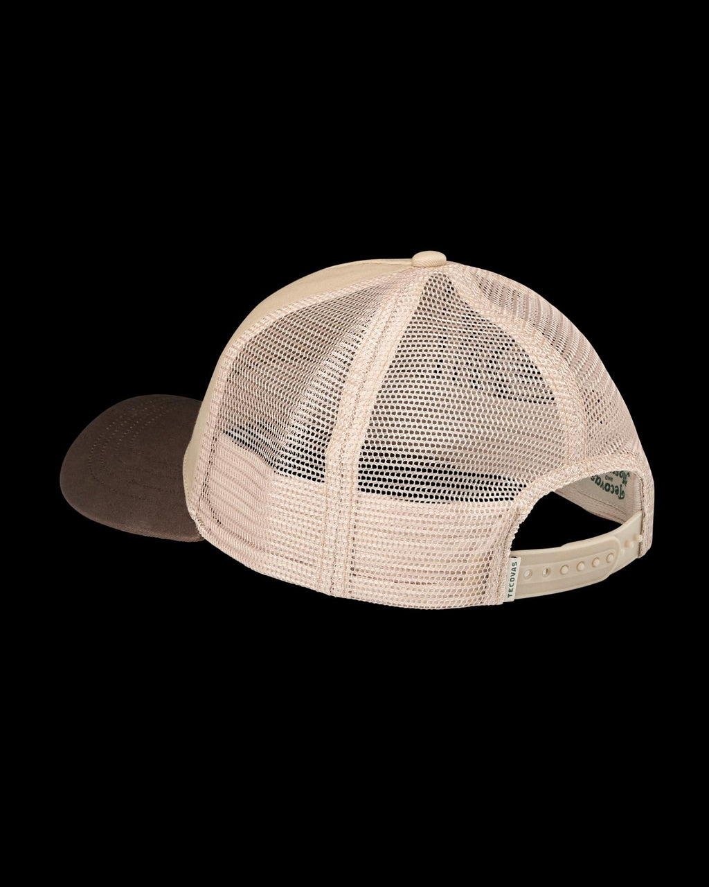 Tan mesh back trucker hat with a brown brim, adjustable snapback closure, and a curved bill, shown from the rear angle.