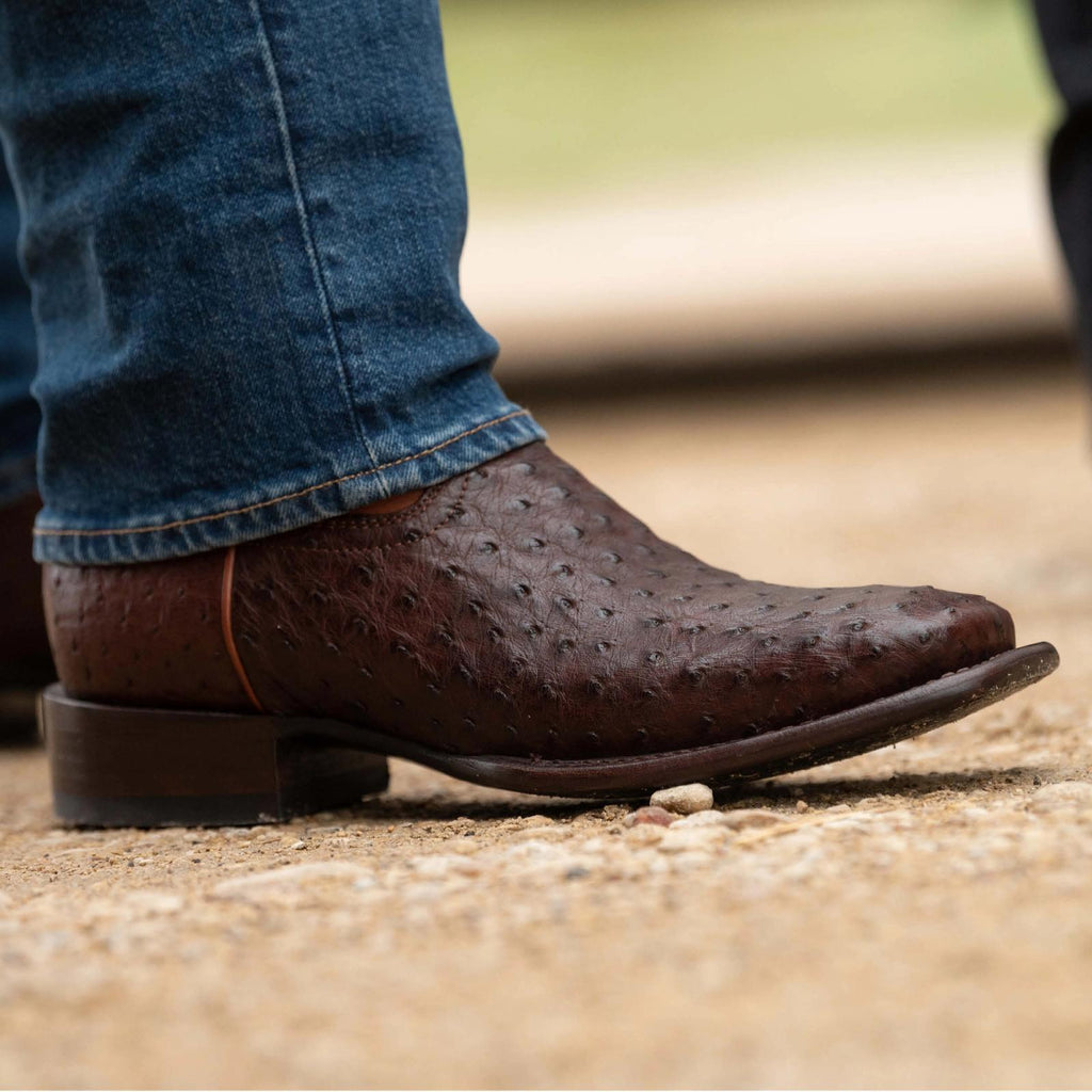 Close up of the Emmitt Mahogany Broad Square Toe cowboy boots in Brown