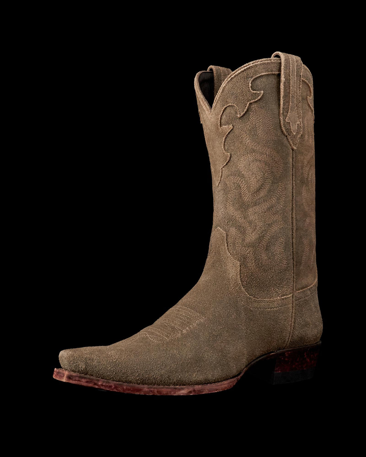 Quarterfront view of The Garrett - Gravel Suede on plain background