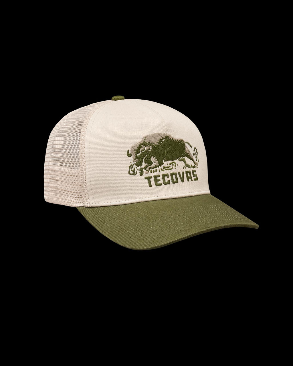 Quarterfront view of Bison Trucker - Cream/Moss on plain background