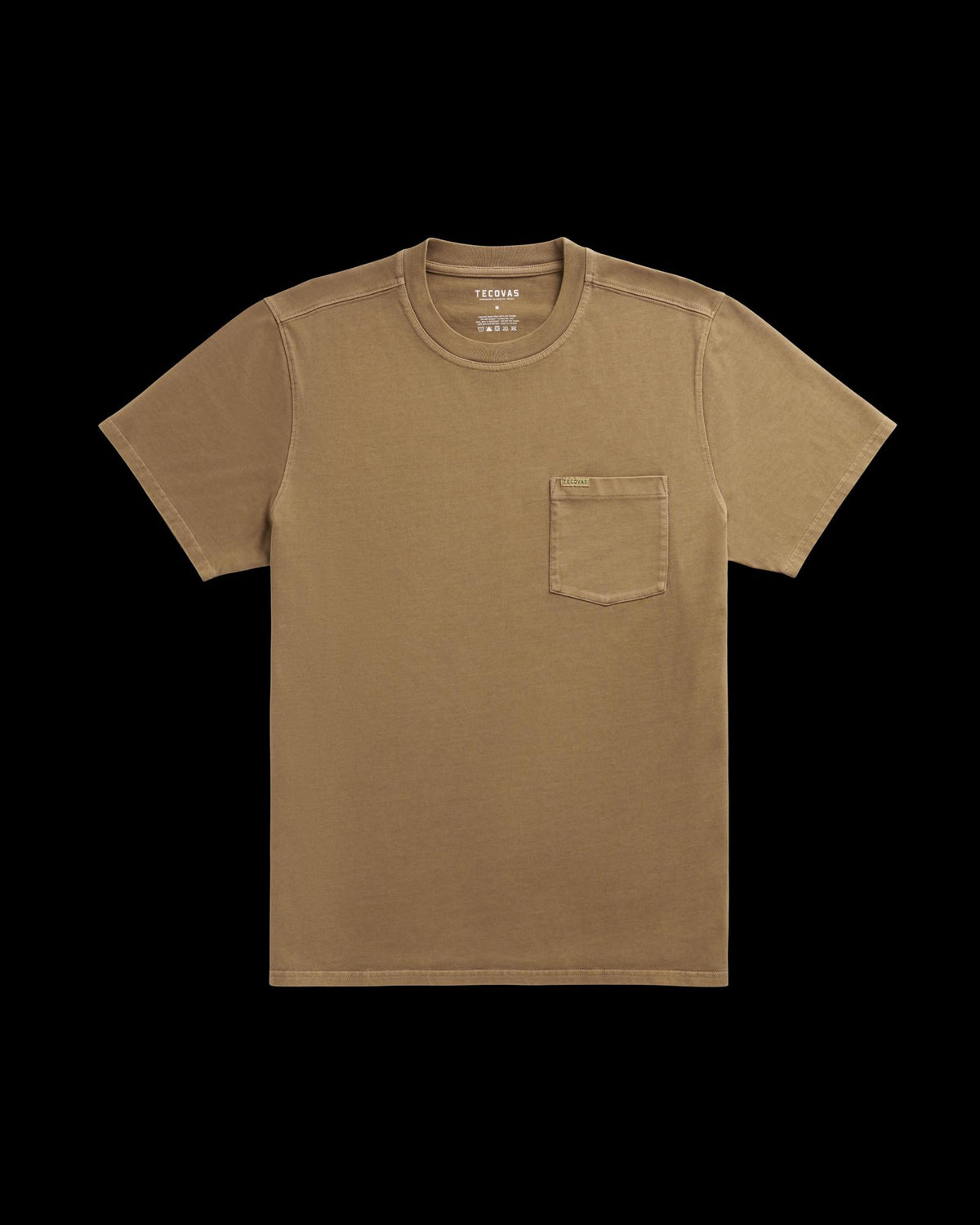 A plain brown short-sleeve t-shirt with a small chest pocket on the left side, displayed flat against a white background.