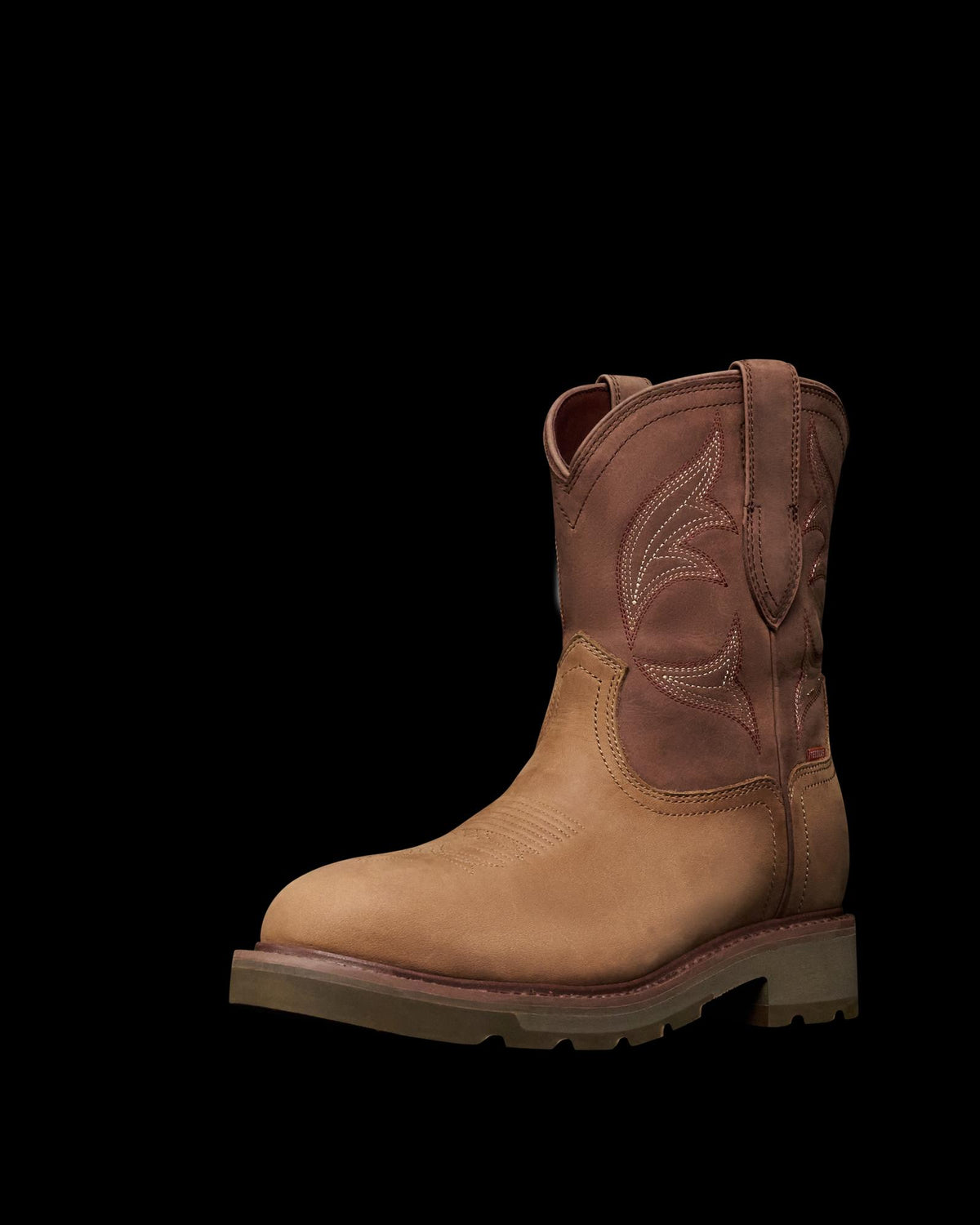 Quarterfront view of The LH WP Round Comp Toe Work Boot - Tan / Cafe Cowhide on plain background