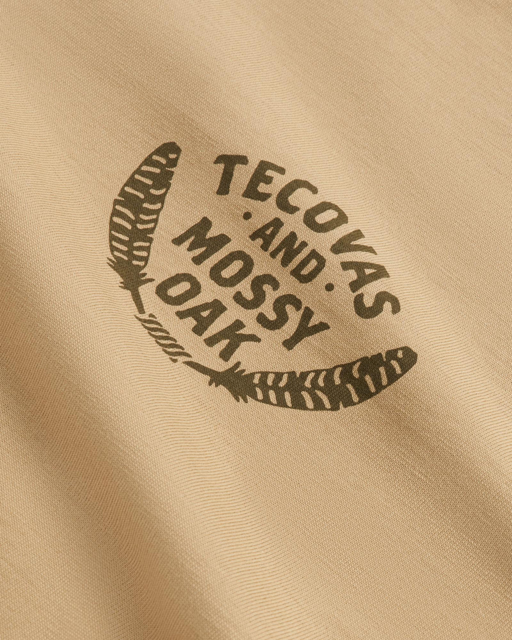 Closeup view of Men's Tecovas x Mossy Oak Turkey &amp; Boots T-Shirt - Khaki/Olive