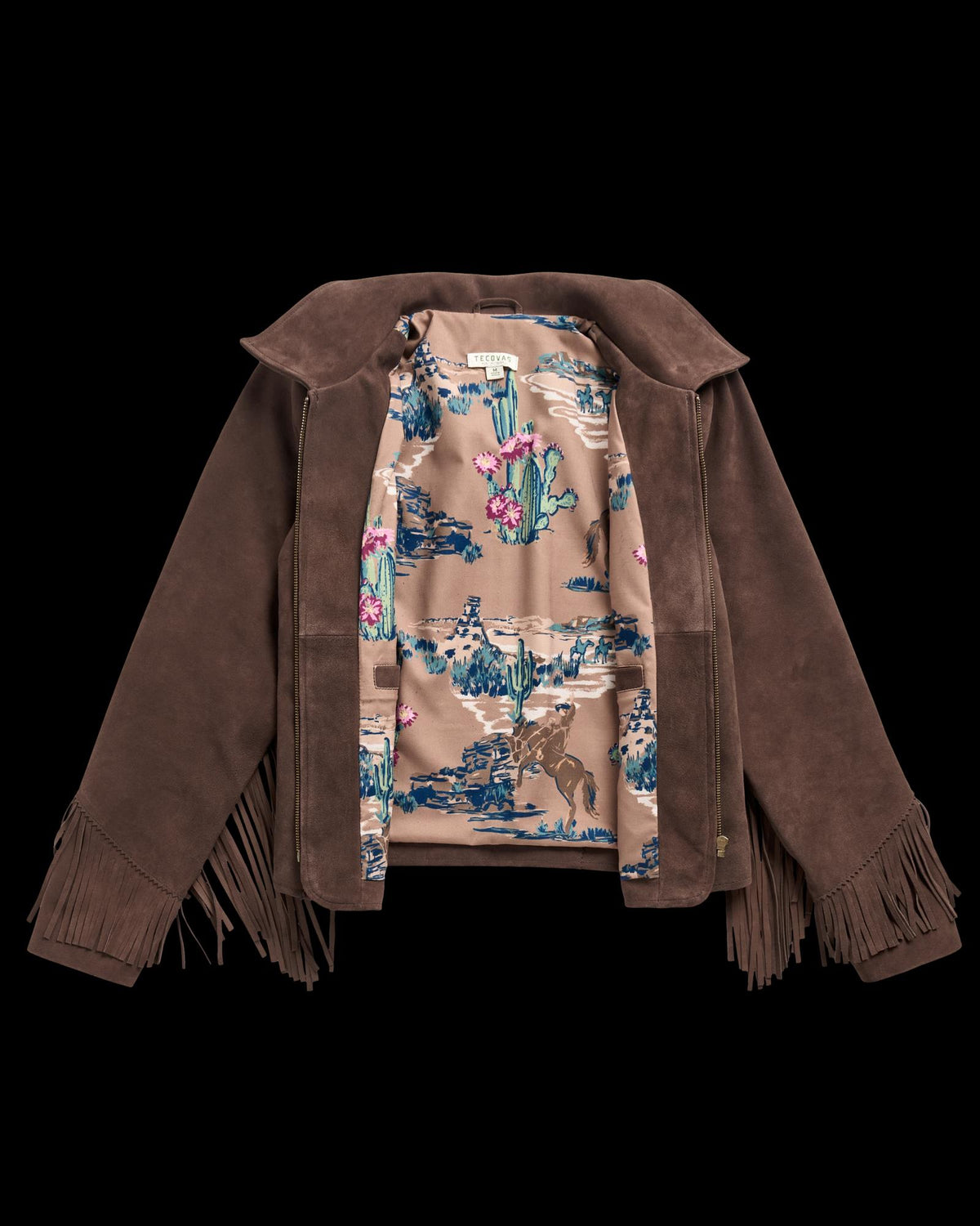 Closeup detail view of Women's Suede Fringe Jacket - Chocolate Brown