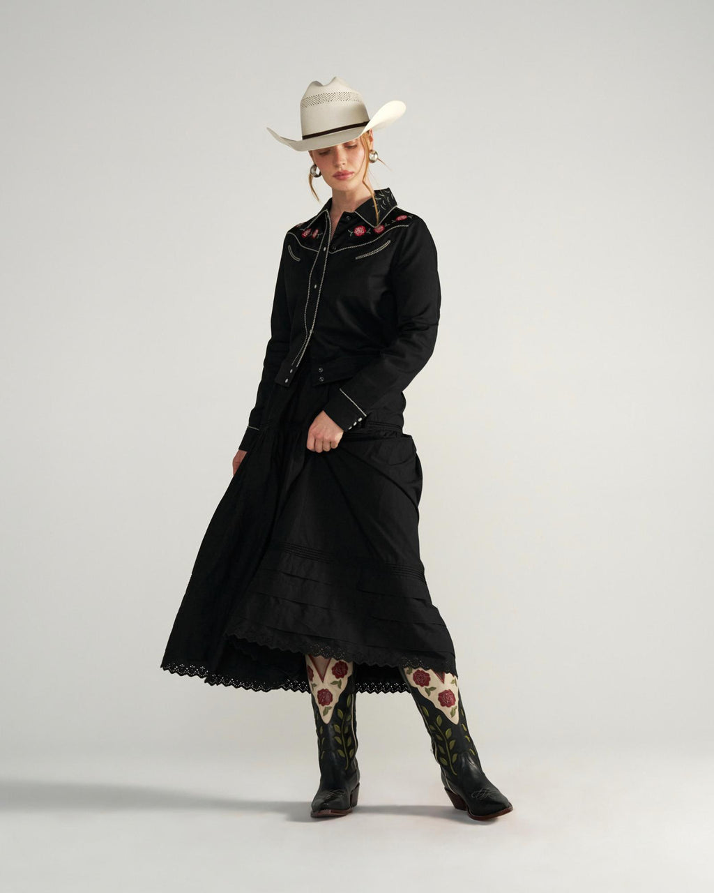 Full view of Women's Embroidered Dolly Jacket - Black on model
