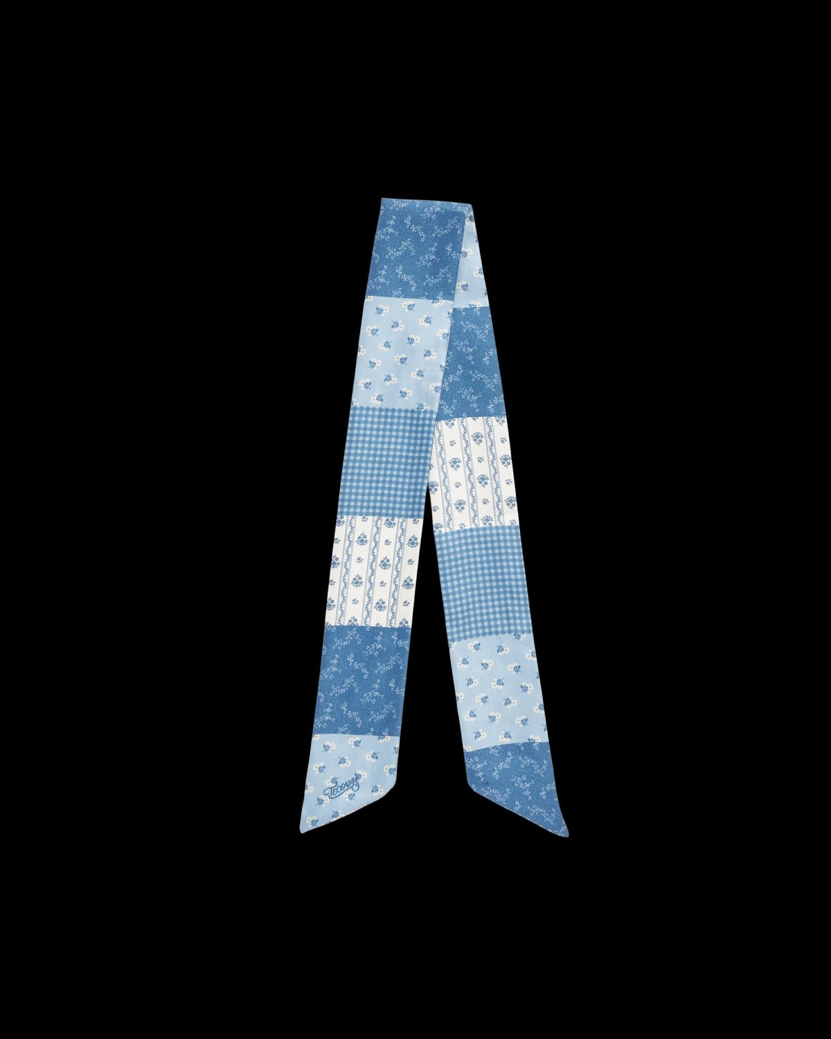 Front view of Patchwork Ribbon Scarf - Blue/White on plain background