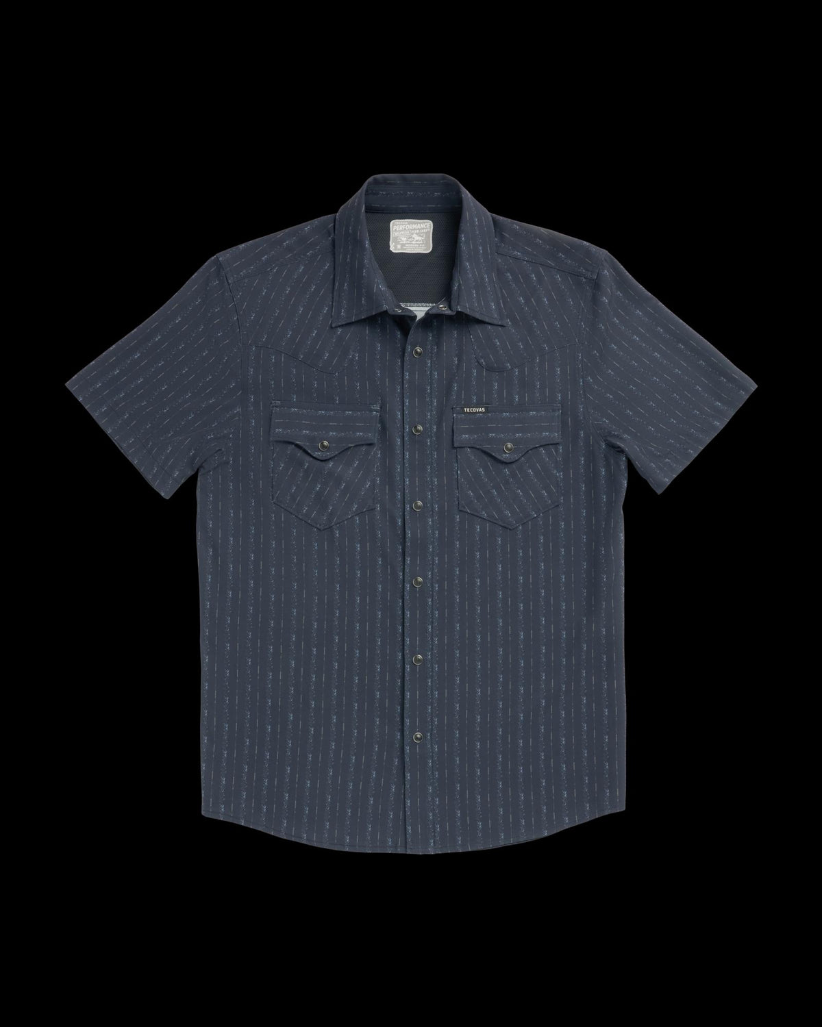 Closeup detail view of Men's Performance Western Short Sleeve Pearl Snap - Dark Navy/Multi