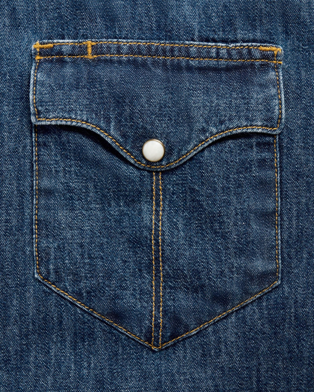 Closeup detail view of Men's Denim Short Sleeve Pearl Snap - Dark Wash