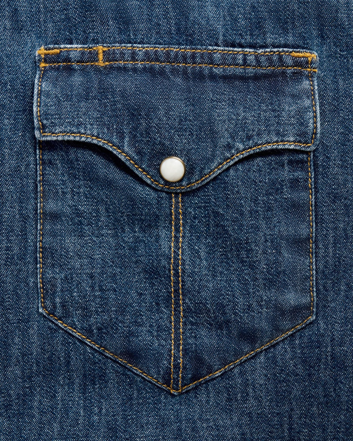 Closeup detail view of Men's Denim Short Sleeve Pearl Snap - Dark Wash