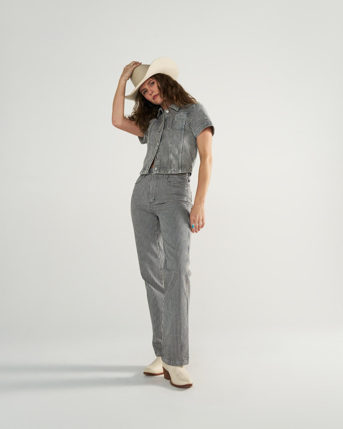Full view of Women's S/S Denim Top - Blue / White on model