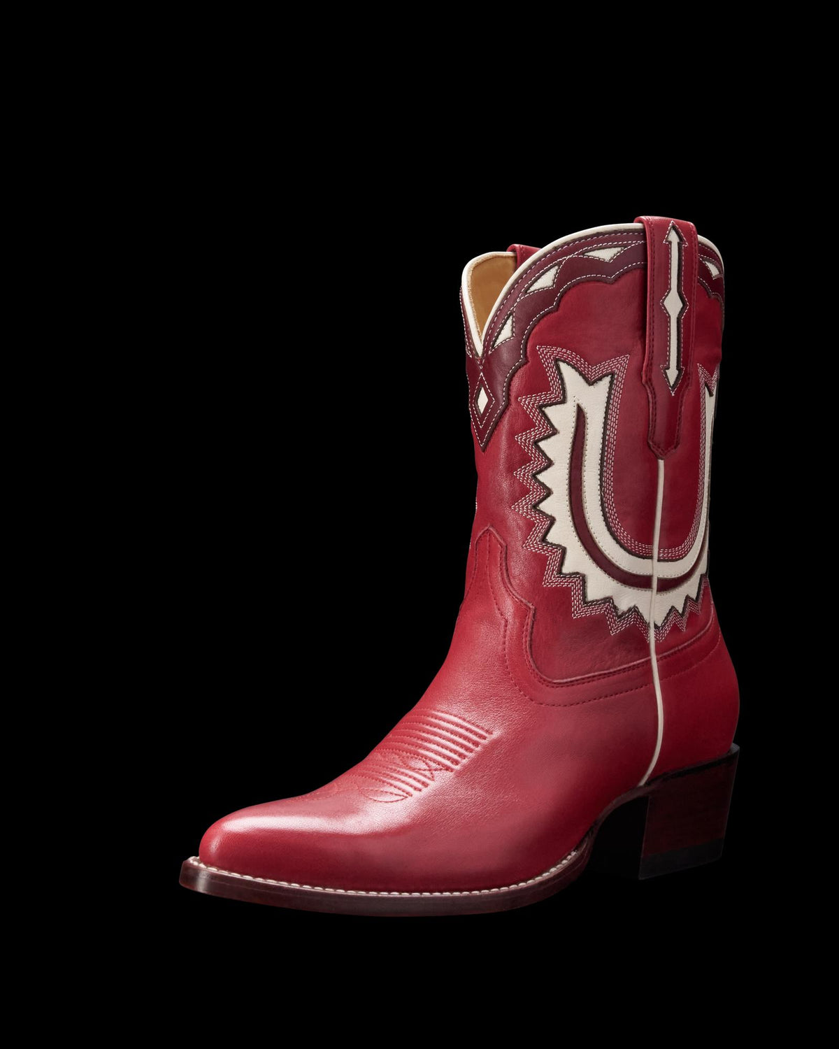 Quarterfront view of The Jolene - Crimson / Bone on plain background