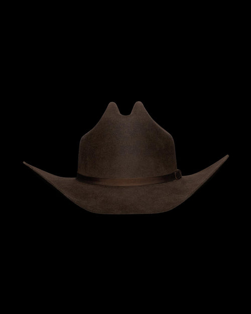 A brown cowboy hat with a wide, upturned brim and a ribbon band, shown against a plain white background.