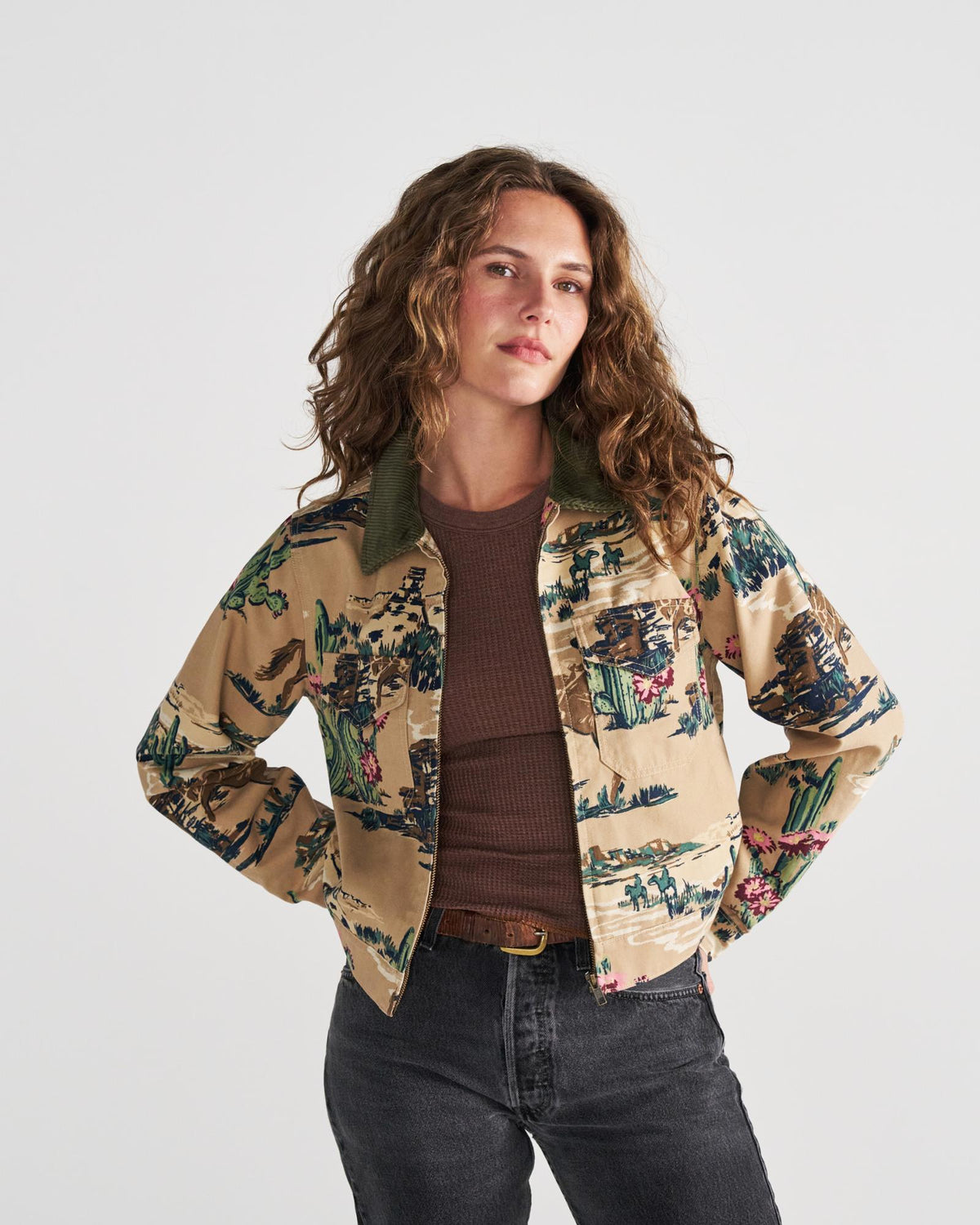 Front view of Women's Western Mechanic's Jacket - Tan on model