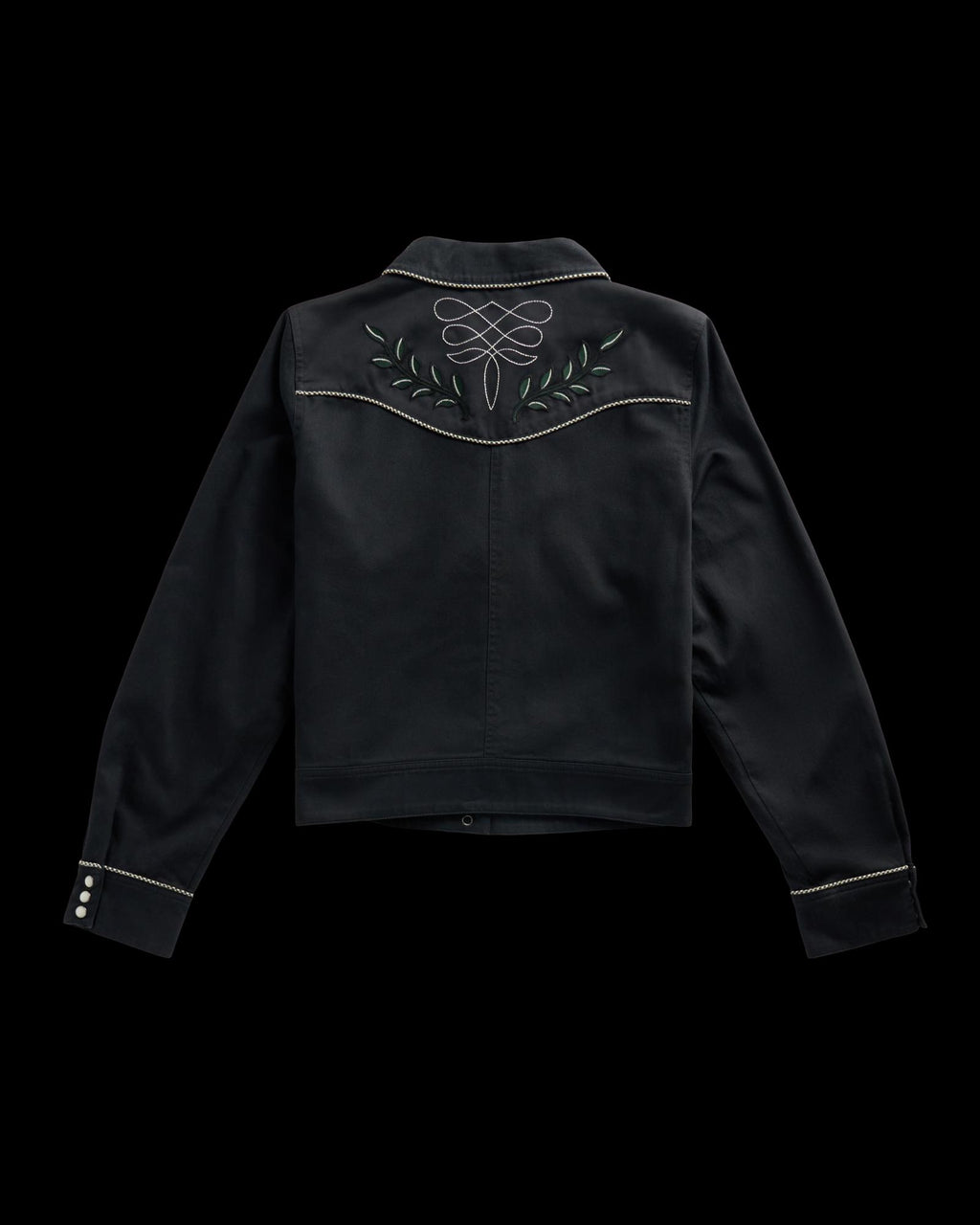 Back view of Women's Embroidered Dolly Jacket - Black on plain background