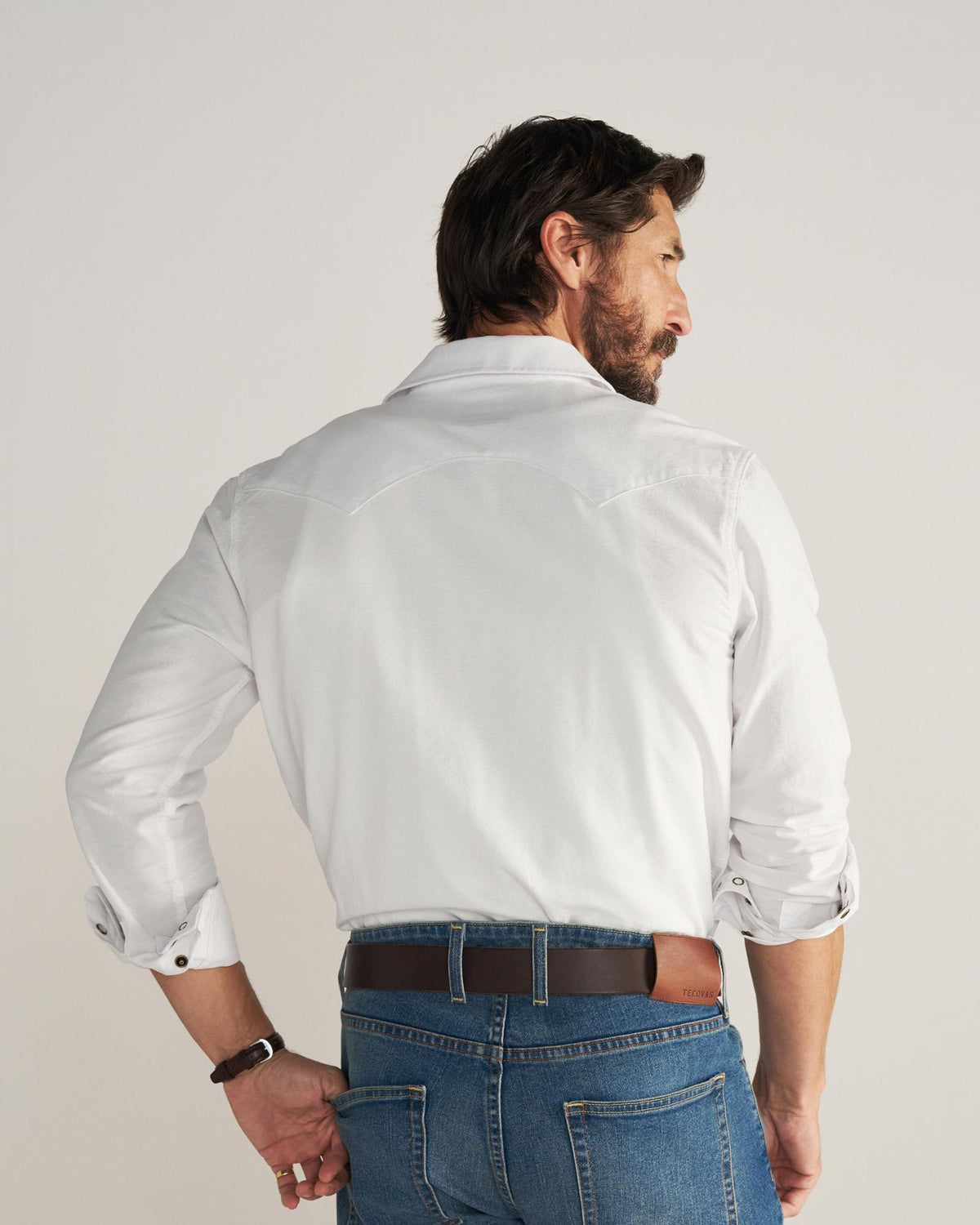 Closeup detail view of Men's Vintage Weight Pearl Snap LS - White