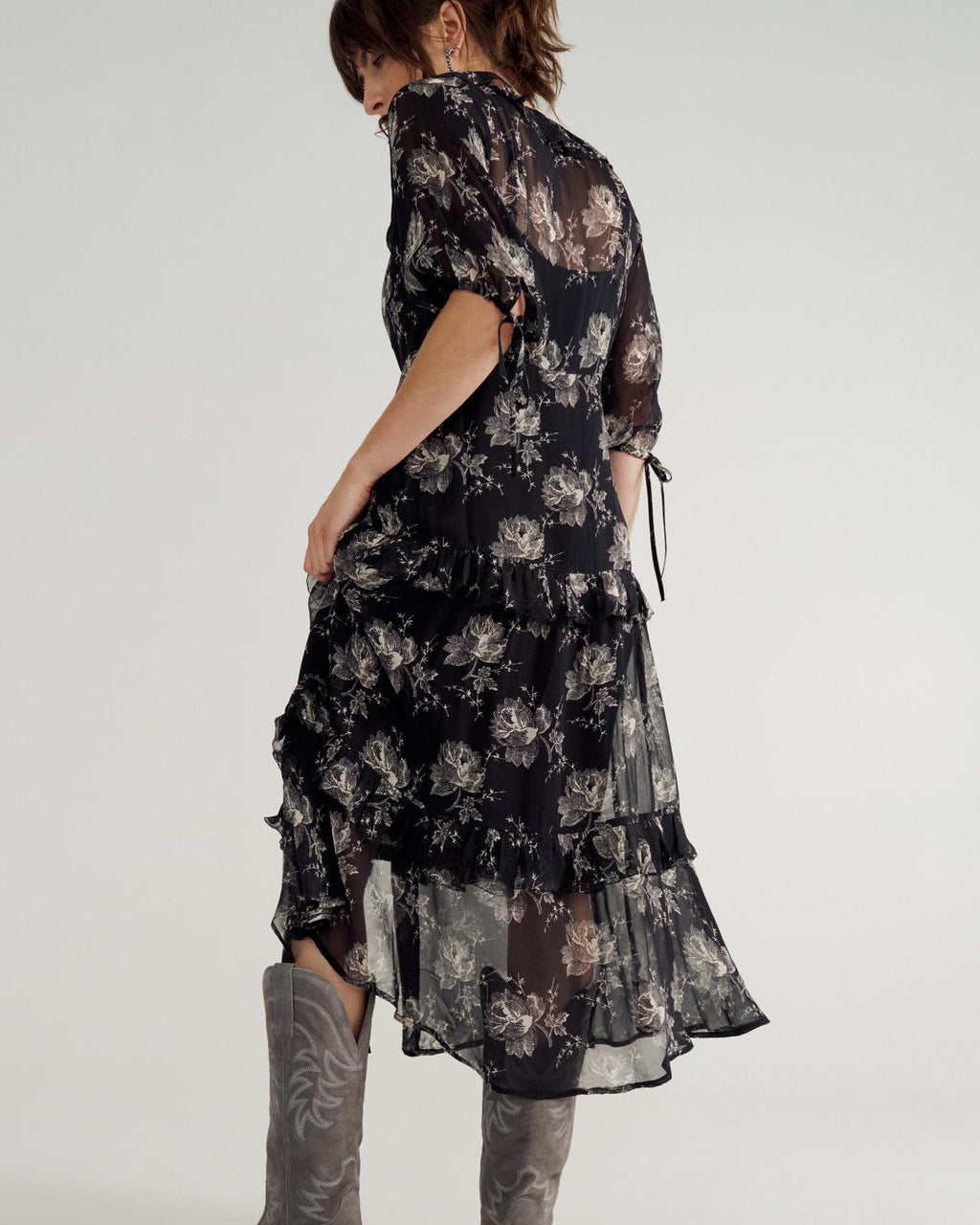 Back view of Women's Elbow-Length Maxi Dress - Black / White on model