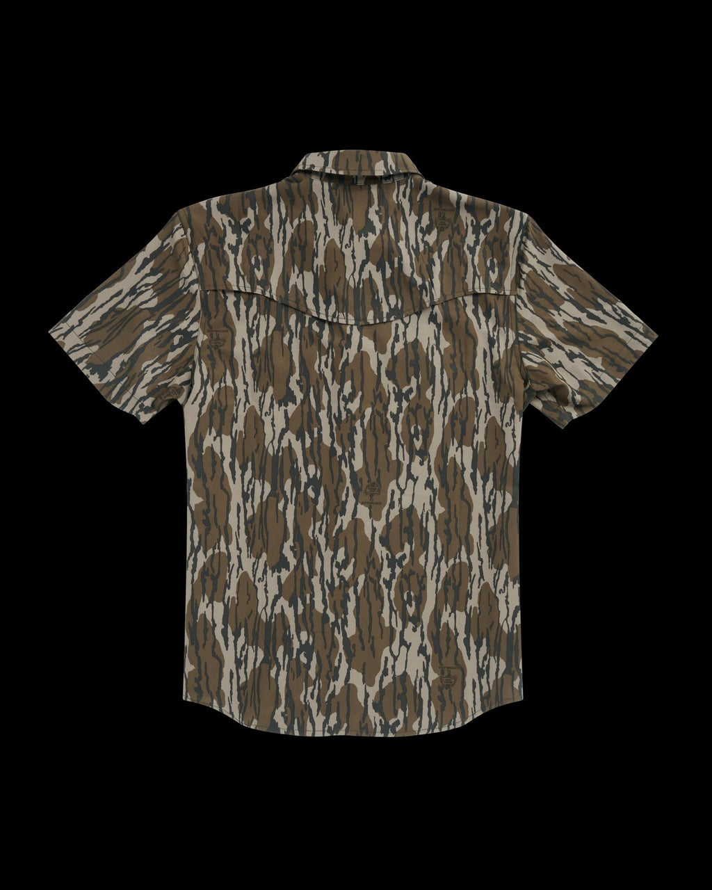 Back view of Men's Tecovas x Mossy Oak Performance Western Short Sleeve - Original Bottomland on plain background
