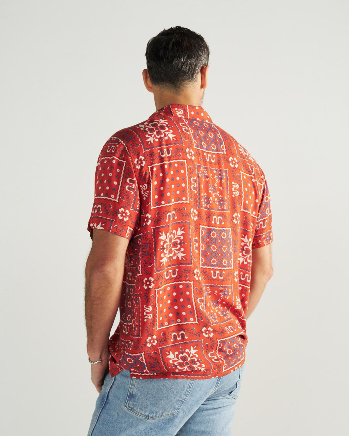 Back view of Men's Lakeside Camp Shirt - Terracotta/Multi on model