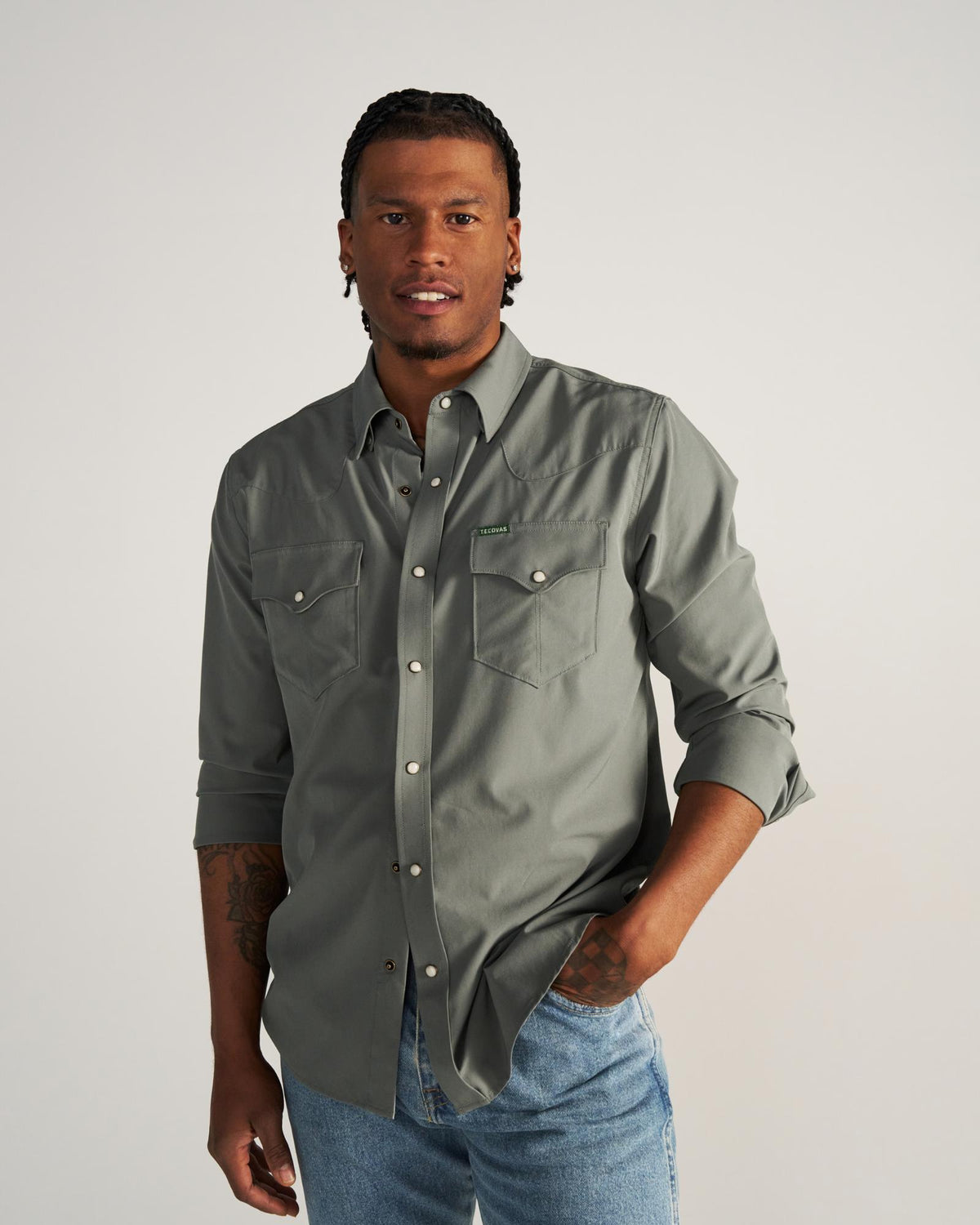 Closeup detail view of Men's Performance Western Pearl Snap - Cactus