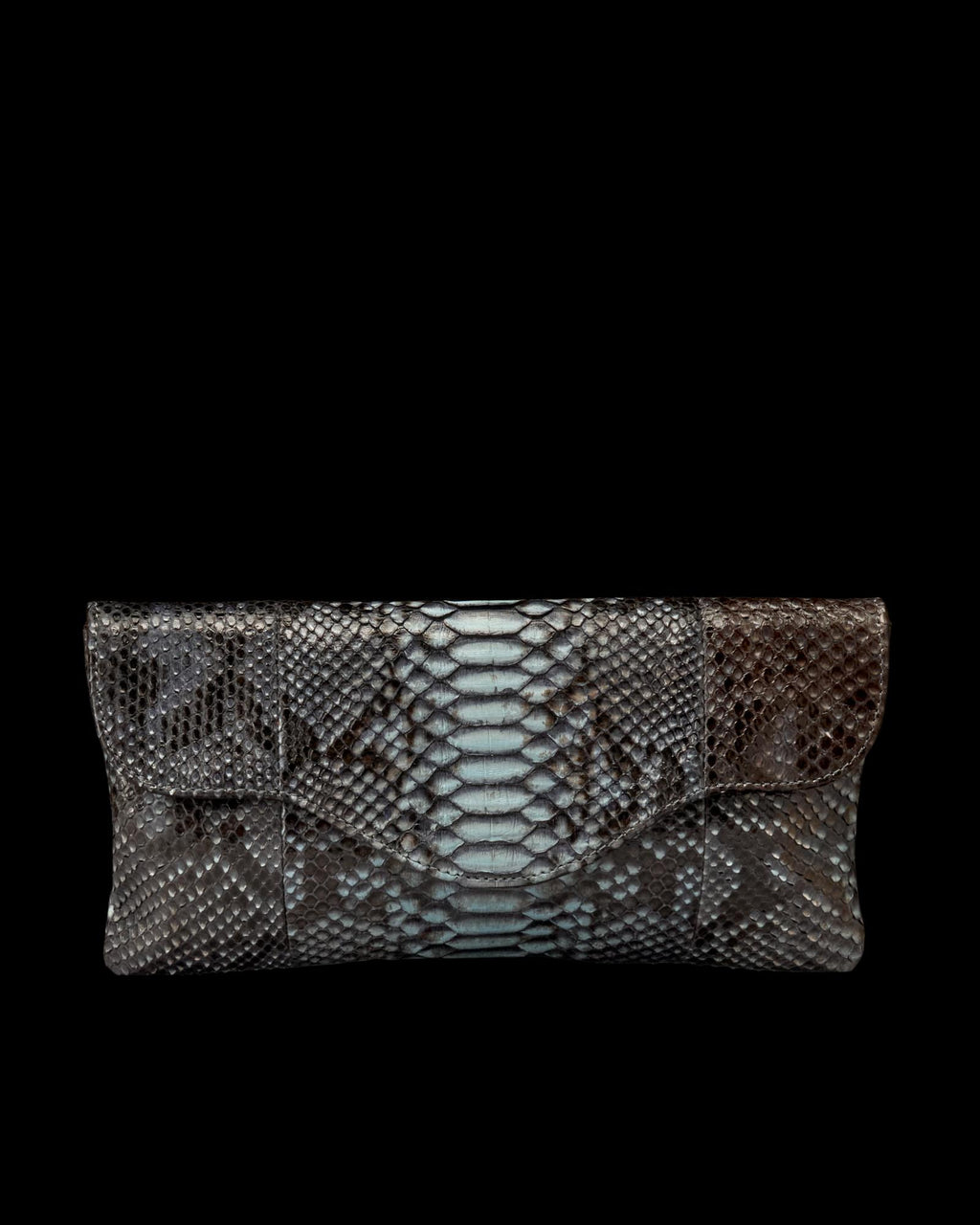 Envelope-style clutch bag in a dark, multi-tonal snakeskin pattern.