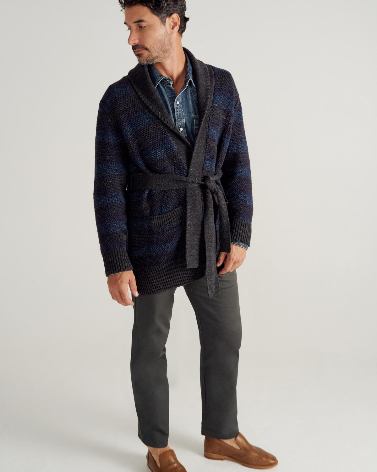 Closeup detail view of Men's Shawl Collar Wrap Sweater - Multi