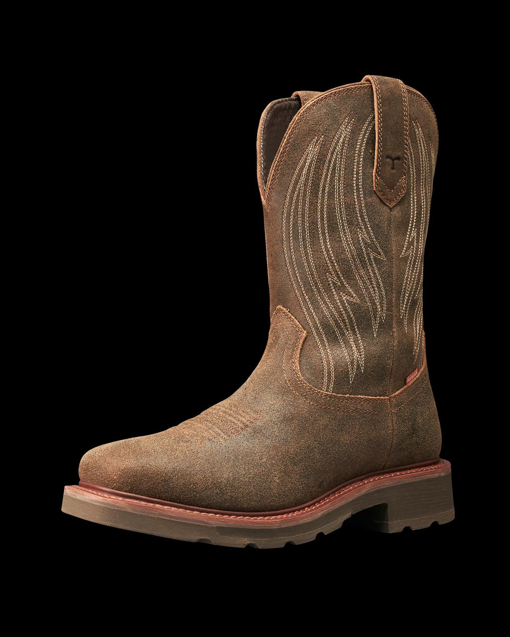 Quarterfront view of LongHaul Waterproof Square Soft Toe Work Boot with Temp Control - Earthstone Cowhide on plain background