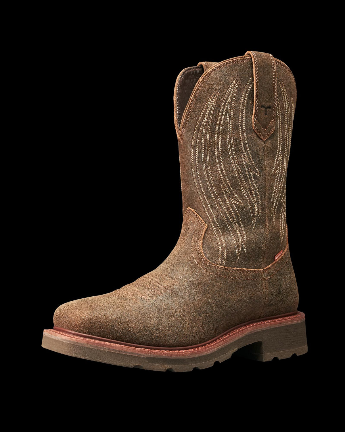 Quarterfront view of LongHaul Waterproof Square Soft Toe Work Boot with Temp Control - Earthstone Cowhide on plain background