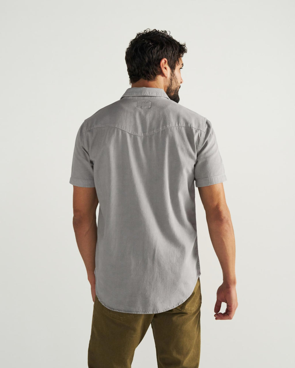 Closeup detail view of Men's Denim Short Sleeve Pearl Snap - Light Gray