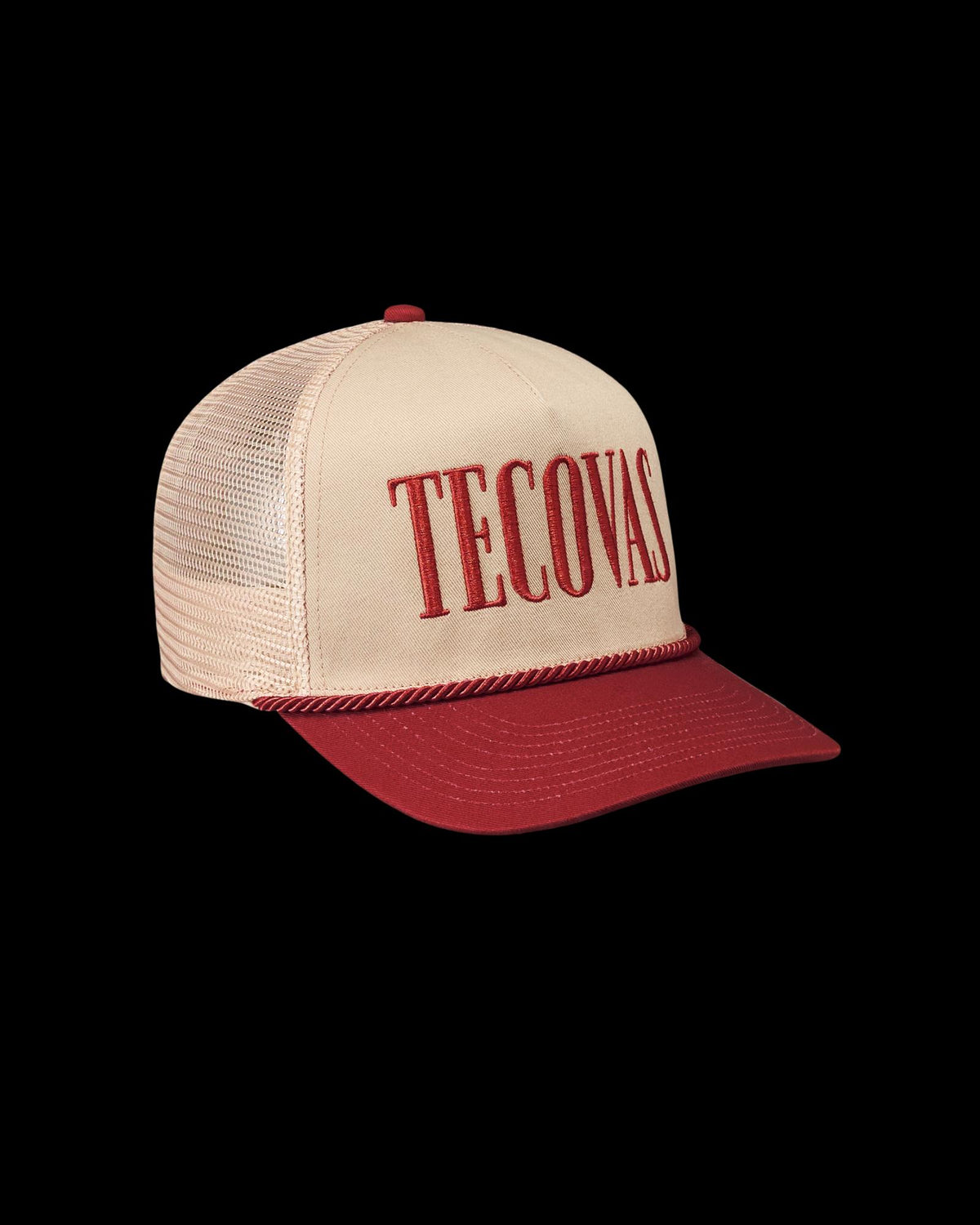 Quarterfront view of Tecovas Badge Trucker - Red on plain background