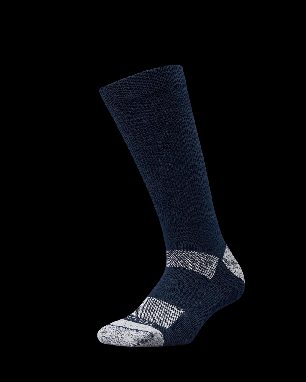 A single navy blue athletic sock with gray accents on the toe, heel, and part of the foot, displayed against a plain white background.