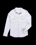 White long-sleeve button-up shirt with two chest pockets and buttoned cuffs.