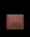 Brown leather wallet with a small embossed logo on the lower right corner, displayed against a plain black background.