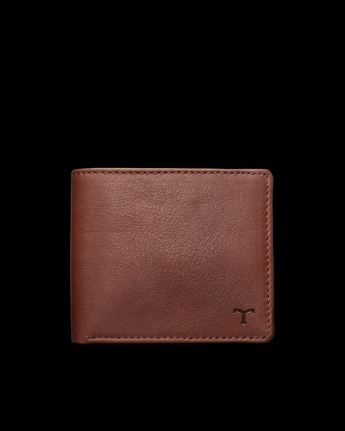 Brown leather wallet with a small embossed logo on the lower right corner, displayed against a plain black background.