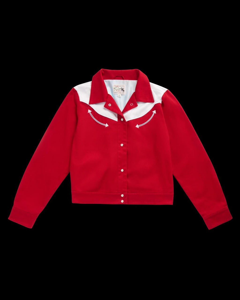 A red, long-sleeve, snap-button jacket with a white yoke and white curved arrow designs on the chest, displayed on a plain white background.