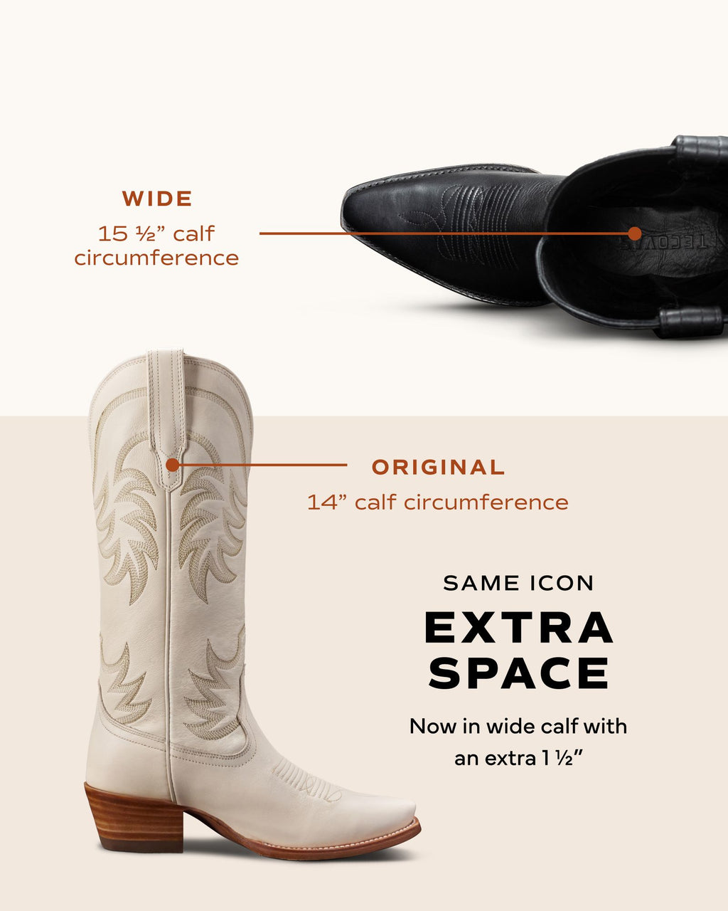 Comparison of two boots showing the original with a 14" calf circumference and a new wide version with a 15½" calf circumference, both in a neutral color.