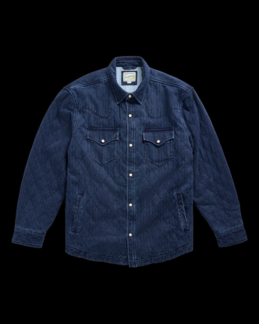 Front view of Men's Quilted Herringbone Shacket - Indigo on plain background