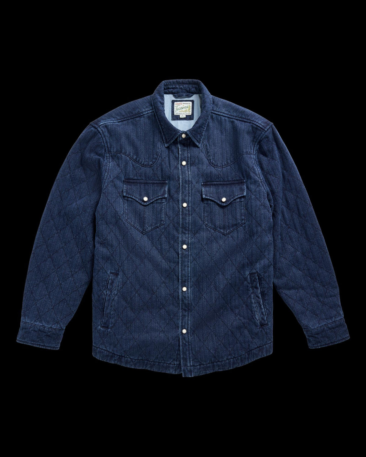 Front view of Men's Quilted Herringbone Shacket - Indigo on plain background