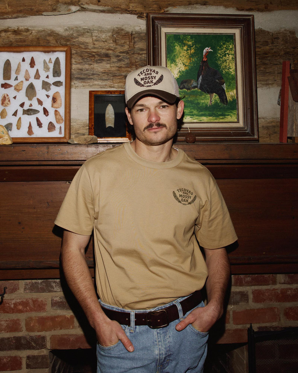 View of Men's Tecovas x Mossy Oak Turkey &amp; Boots T-Shirt - Khaki/Olive
