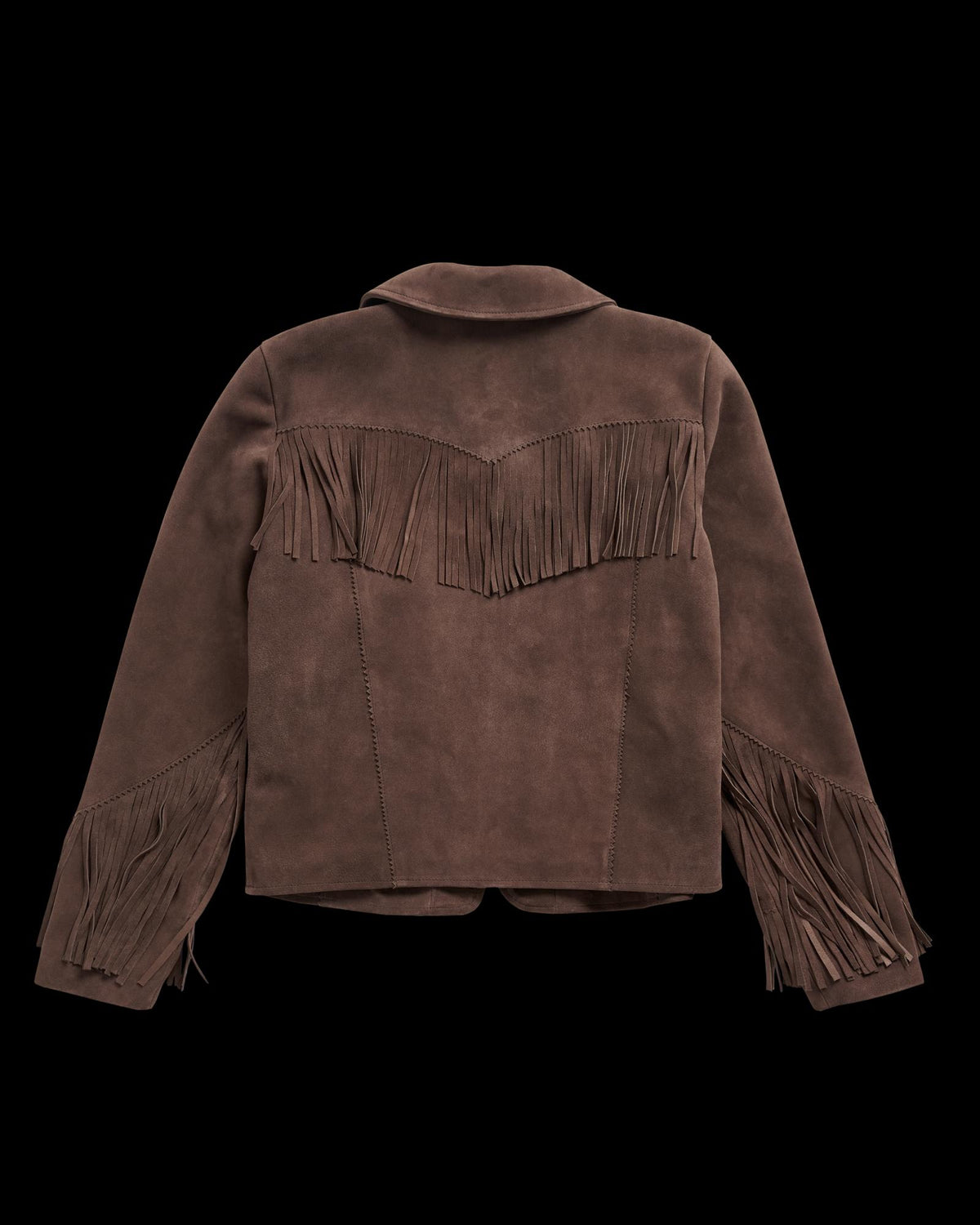 Closeup detail view of Women's Suede Fringe Jacket - Chocolate Brown