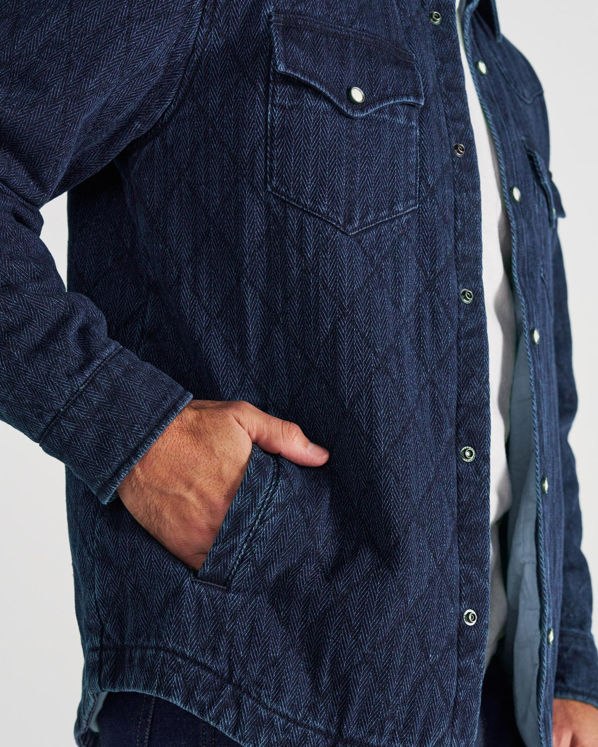 Closeup detail view of Men's Quilted Herringbone Shacket - Indigo