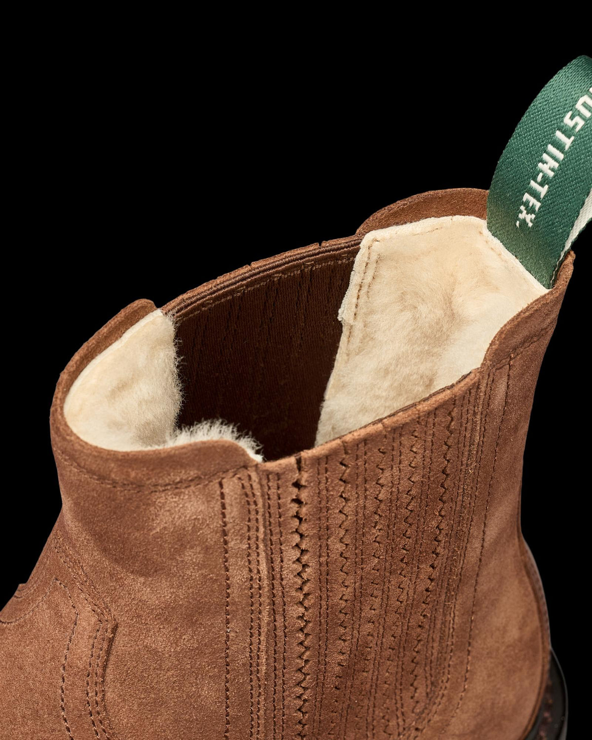 Closeup view of The Chelsea Shearling - Bourbon Suede