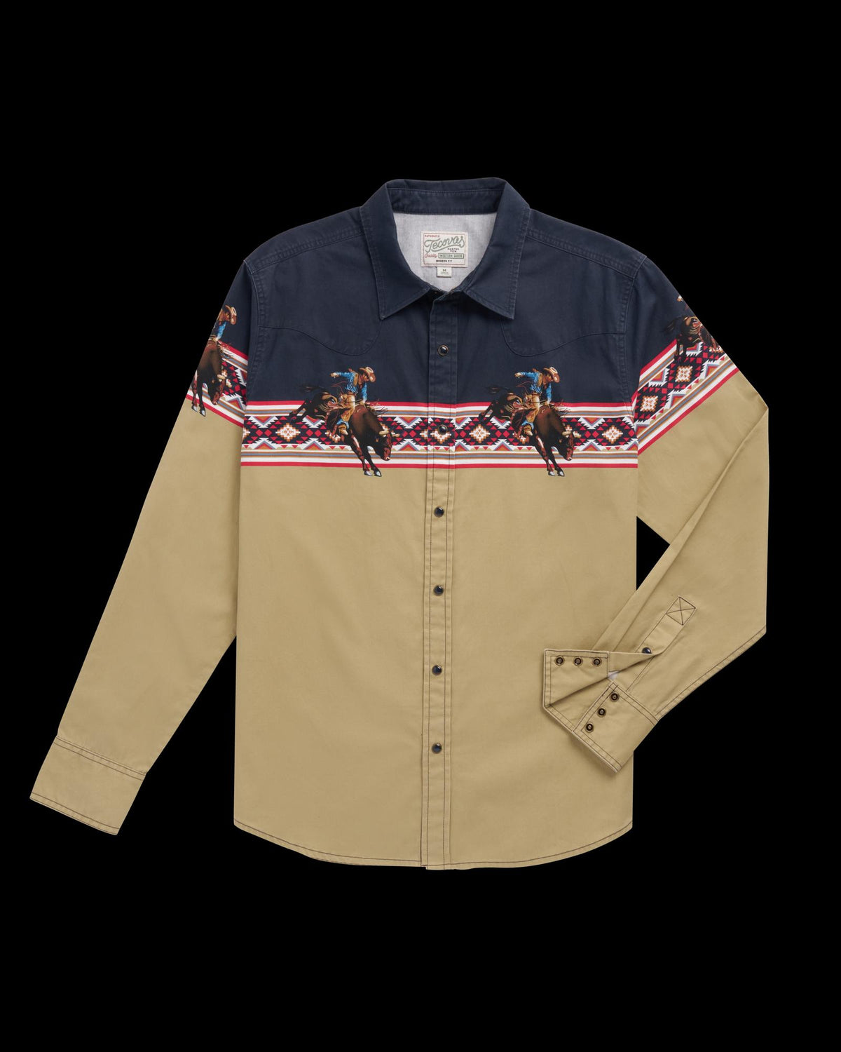 Closeup detail view of Men's Thorn Stopper Pearl Snap LS - Navy / Khaki