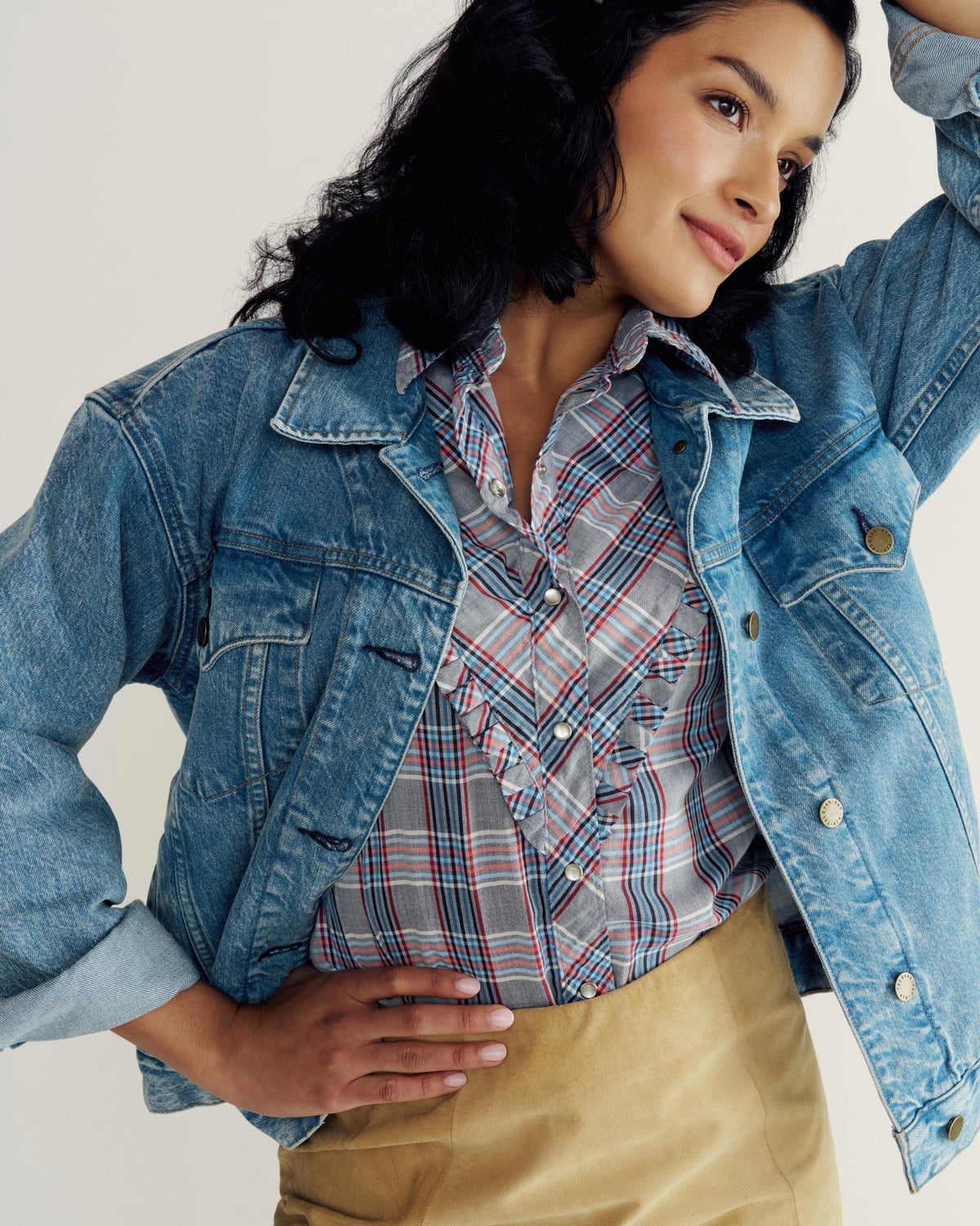 Closeup detail view of Women's Denim Trucker Jacket - Medium Wash