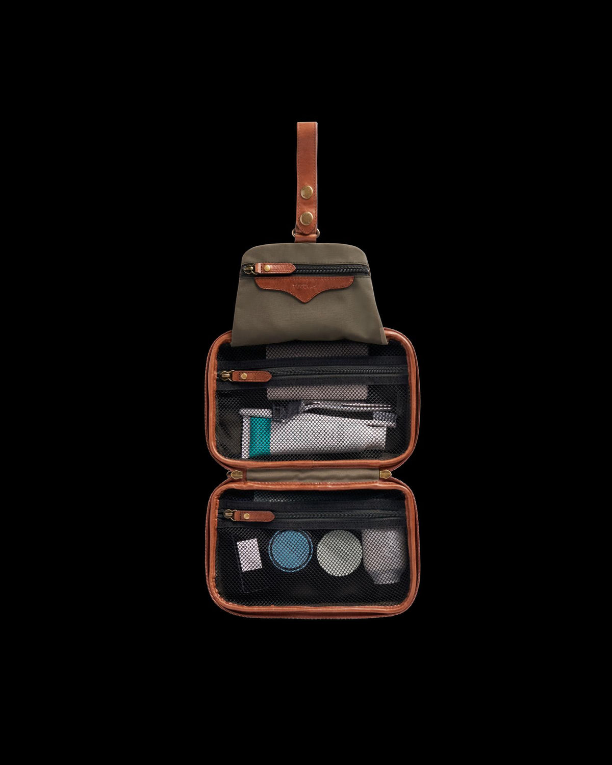 Inside view of Bartlett Hanging Travel Kit - Cognac on plain background