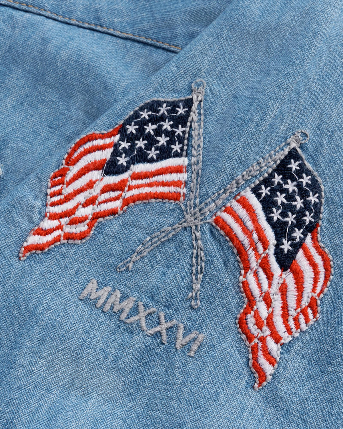 Closeup detail view of Men's Denim Pearl Snap LS - Turquoise / Multi