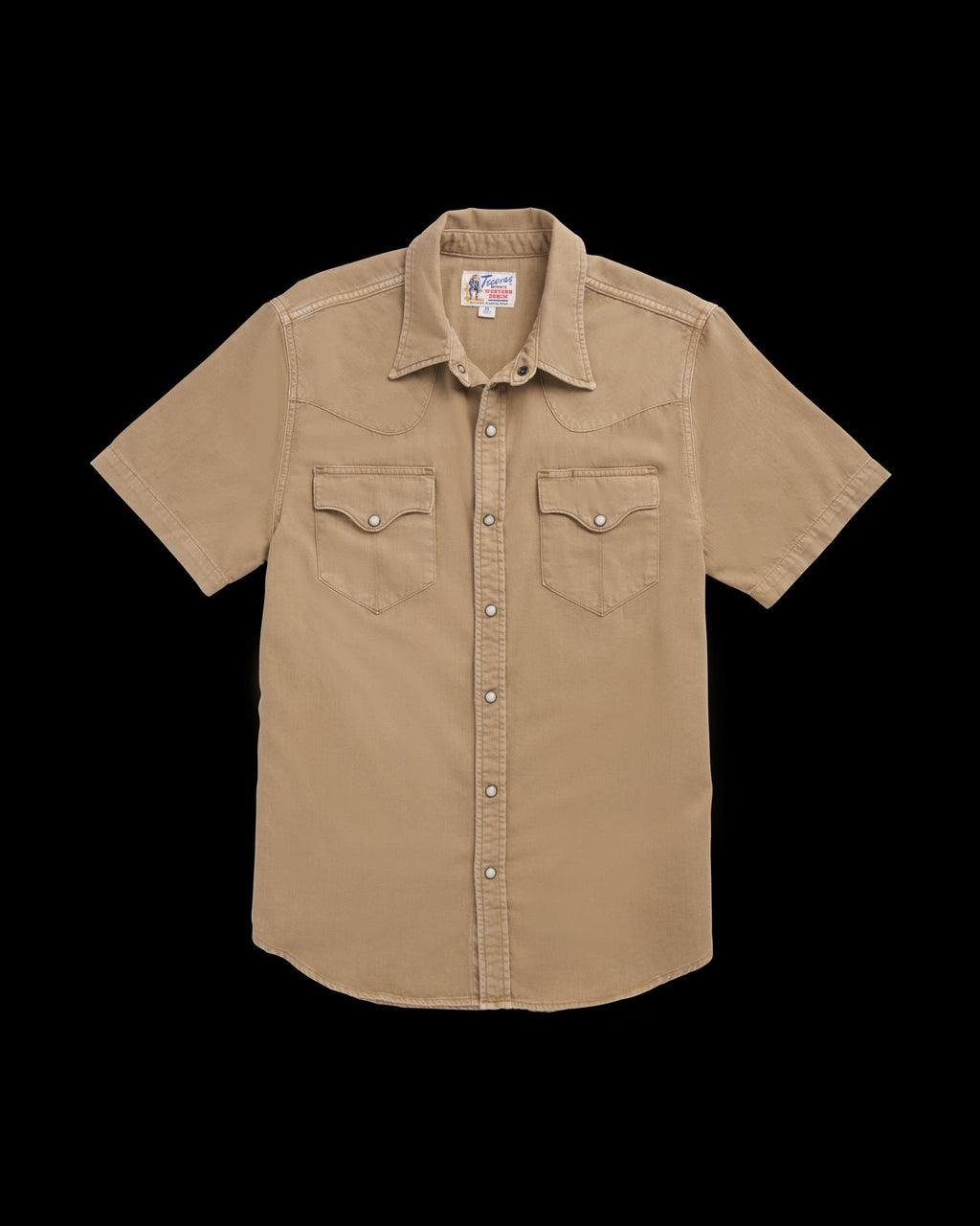 Closeup detail view of Men's Denim Short Sleeve Pearl Snap - Coriander