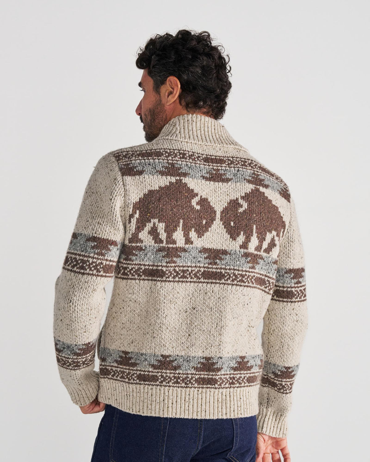 Back view of Men's Bison Zip Sweater - Oatmeal/Multi on model